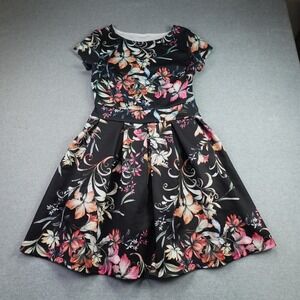Lascana Floral Dress Womens 38 US 6 Black Fit Flare Floral Short Sleeve Pleated